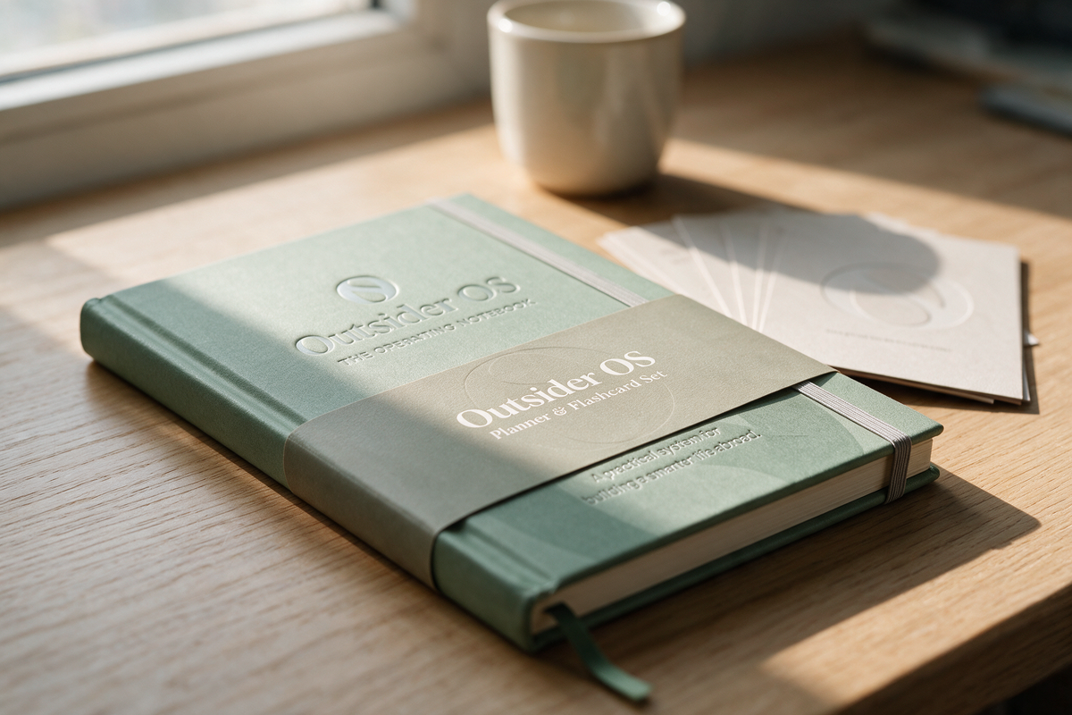 Outsider OS Operating Notebook with belly band and welcome card, top view