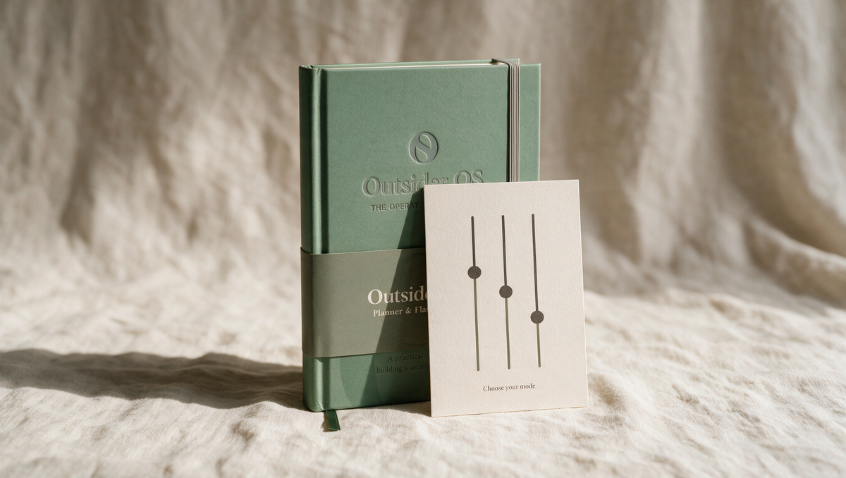 Sage green hardcover notebook with system card leaning against cover