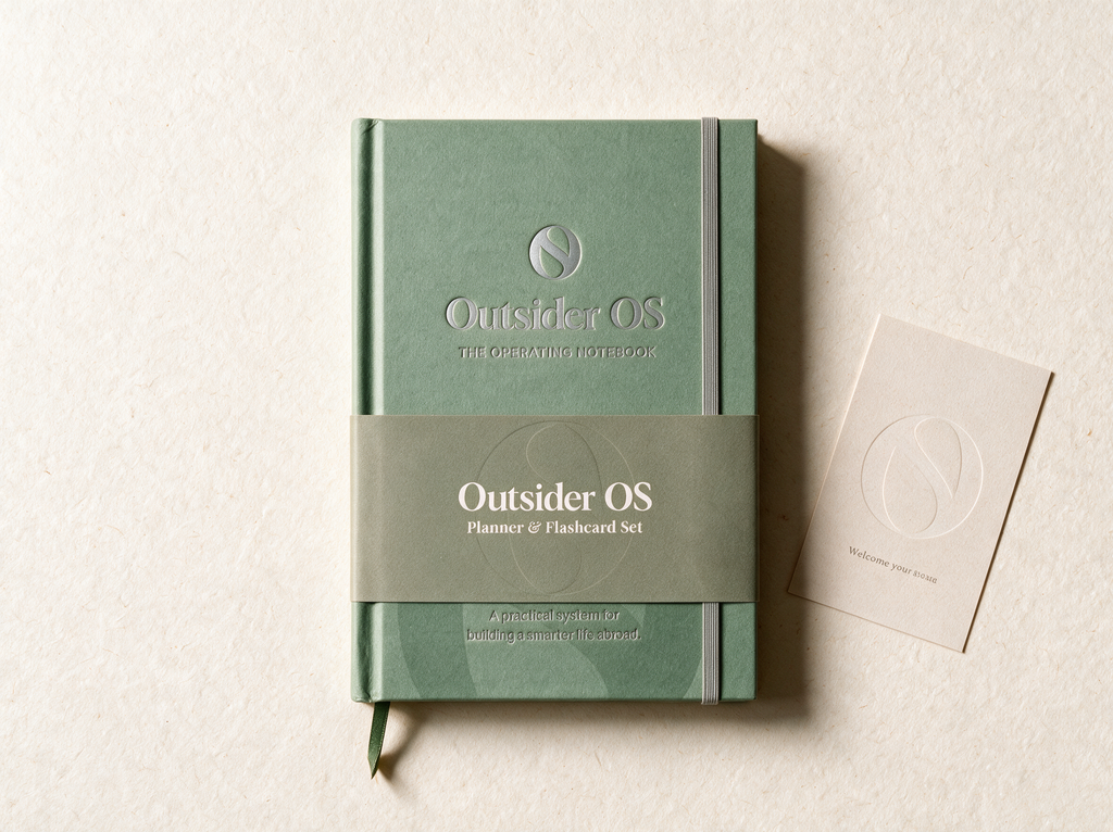 Outsider OS Operating Notebook with belly band and welcome card, top view