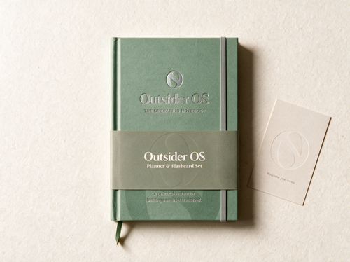 Outsider OS Operating Notebook with belly band and welcome card, top view